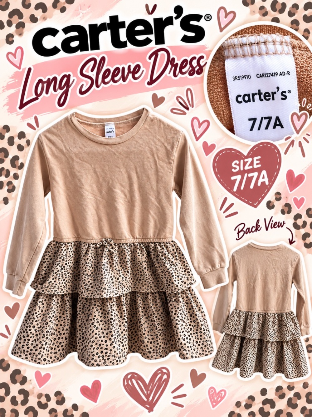 Carter’s Girls Size 7/7A Leopard Print Ruffle Long Sleeve Dress 🌸